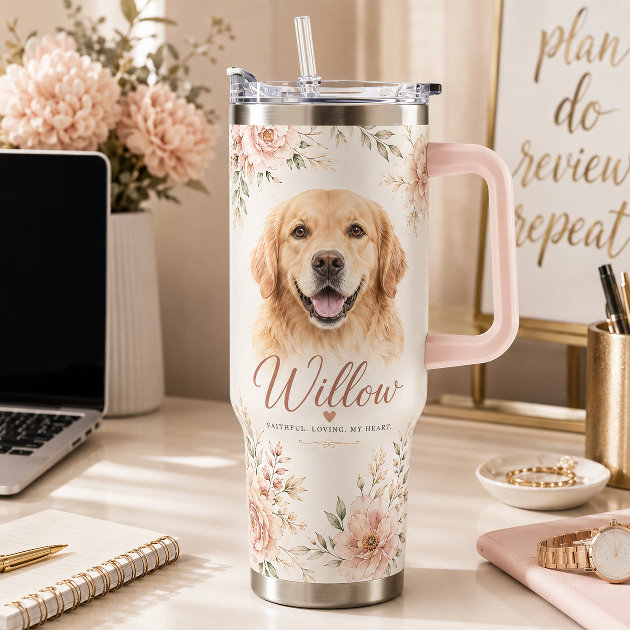 Custom Photo Dog Flower 40oz Tumbler | Gift For Dog Lovers | Pet Lover Gifts