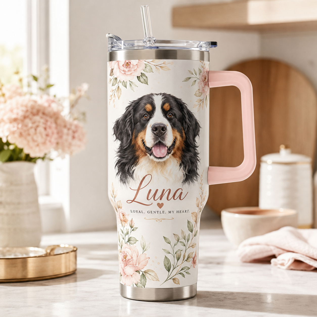 Custom Photo Dog Flower 40oz Tumbler | Gift For Dog Lovers | Pet Lover Gifts