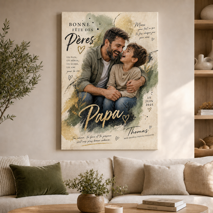 Custom Photo Papa and Son Canvas Wall Art - Custom Gift For Dad TOM99