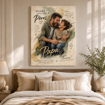 Custom Photo Papa and Son Canvas Wall Art - Custom Gift For Dad TOM99