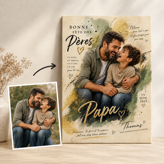 Custom Photo Papa and Son Canvas Wall Art - Custom Gift For Dad TOM99
