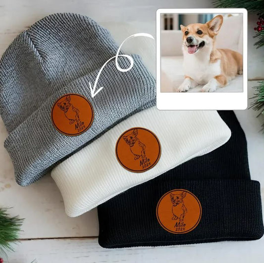 Custom Dog Photo Beanie Gifts | Personalized Winter Hats with Leather Patch | Dog Lovers Gifts