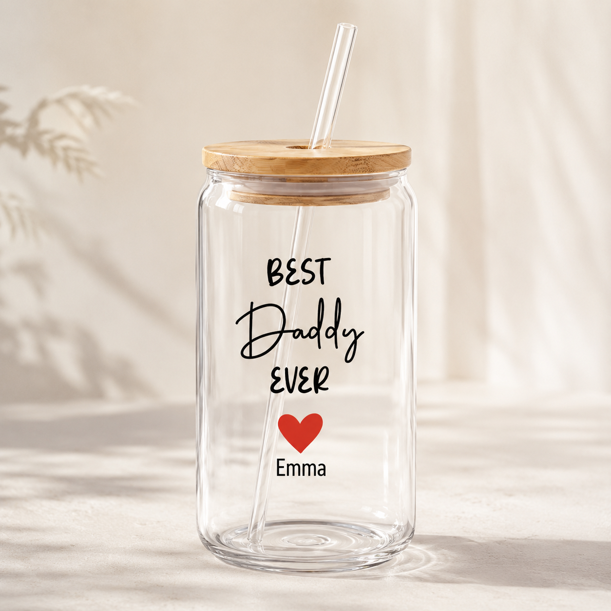 Custom Best Daddy Ever Drink Glass 16oz | Personalized Dad Glass Cup with Bamboo Lid & Straw | Gift For Father TOM99