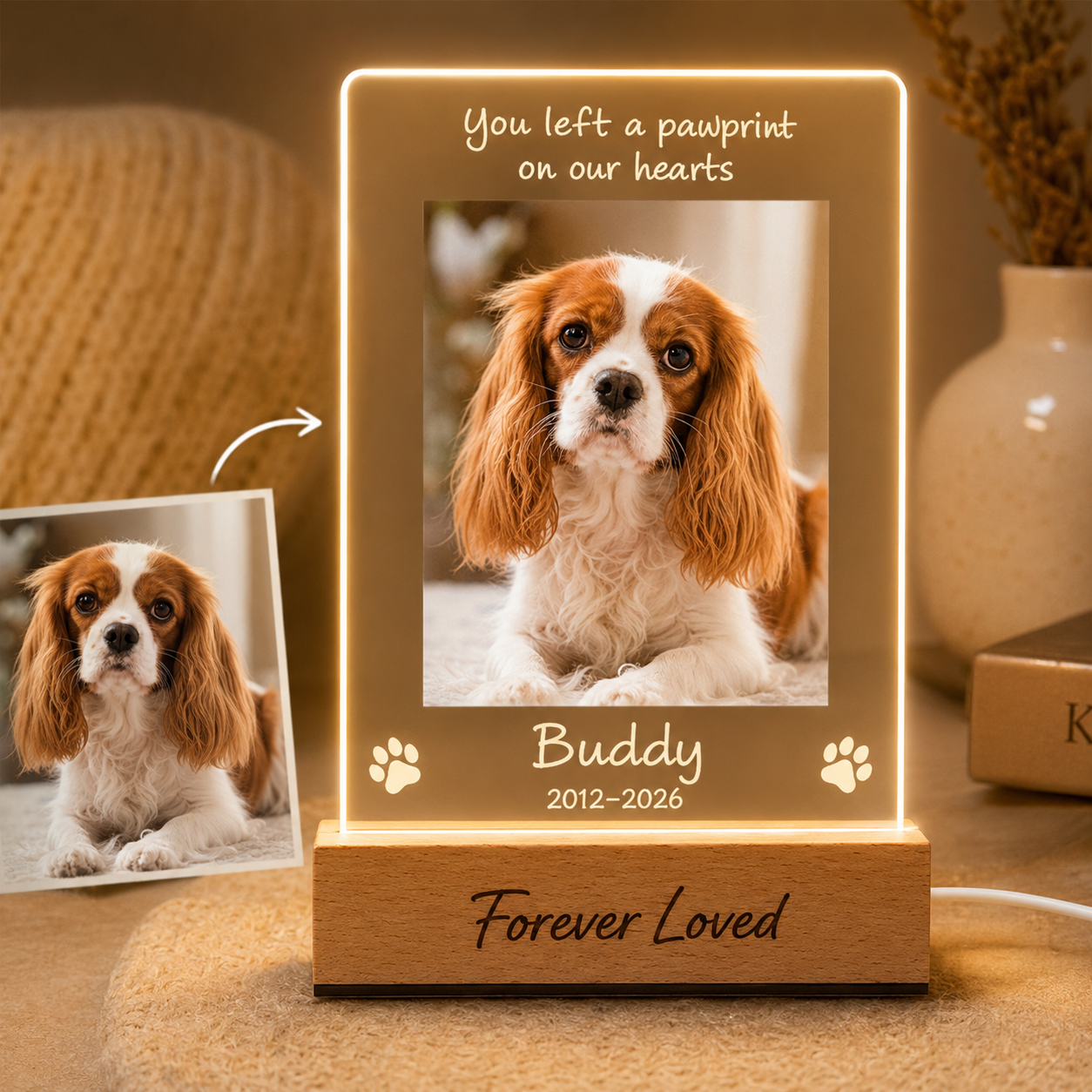 Custom Photo Dog Wooden LED Light | Personalized Dog Photo LED Night Light | Pet Loss Sympathy Gift TOM99
