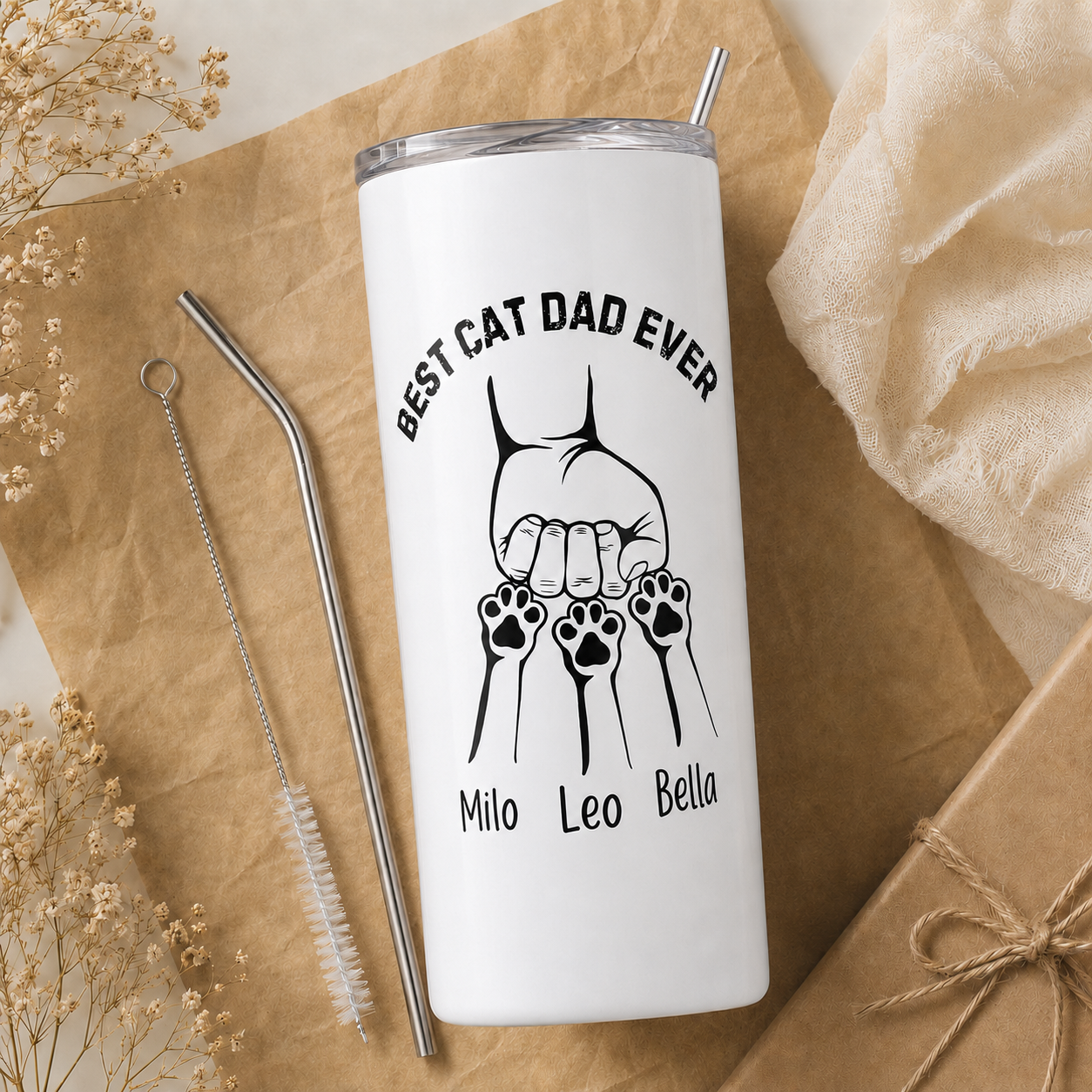 Personalized Best Cat Dad Ever 20oz Skinny Tumbler – Custom Cat Photo Skinny Tumbler for Mens and Cat Owners TOM99