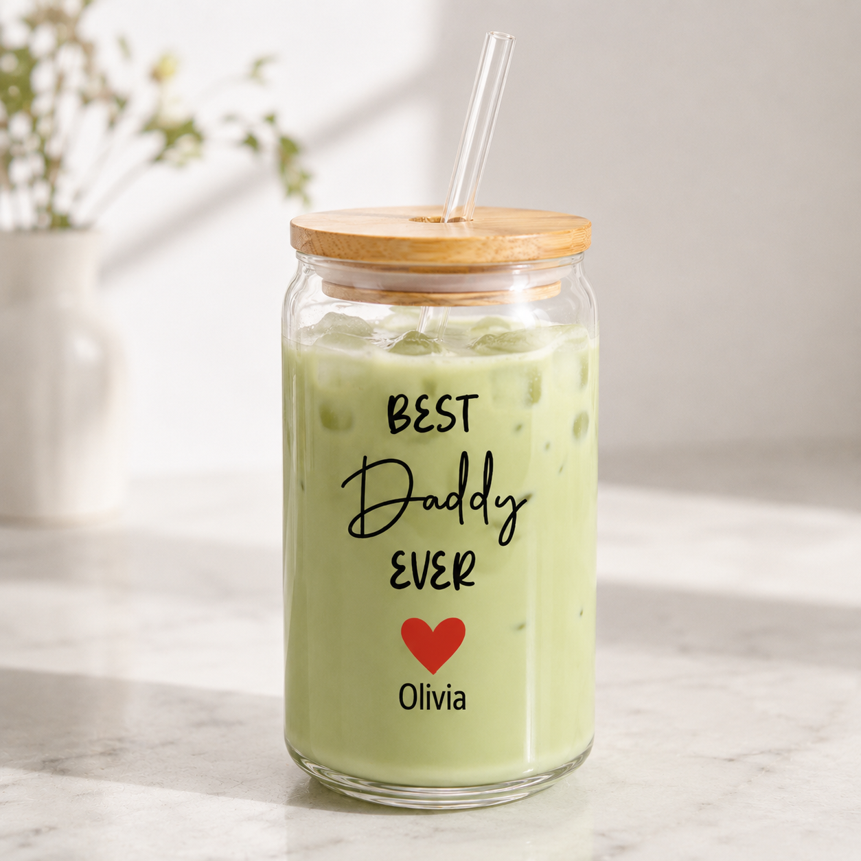 Custom Best Daddy Ever Drink Glass 16oz | Personalized Dad Glass Cup with Bamboo Lid & Straw | Gift For Father TOM99