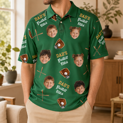 Custom Photo Dad Great Catch Polo Shirt, Personalized Polo Shirt For Husband Dad Grandfather