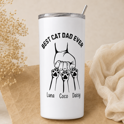 Personalized Best Cat Dad Ever 20oz Skinny Tumbler – Custom Cat Photo Skinny Tumbler for Mens and Cat Owners TOM99