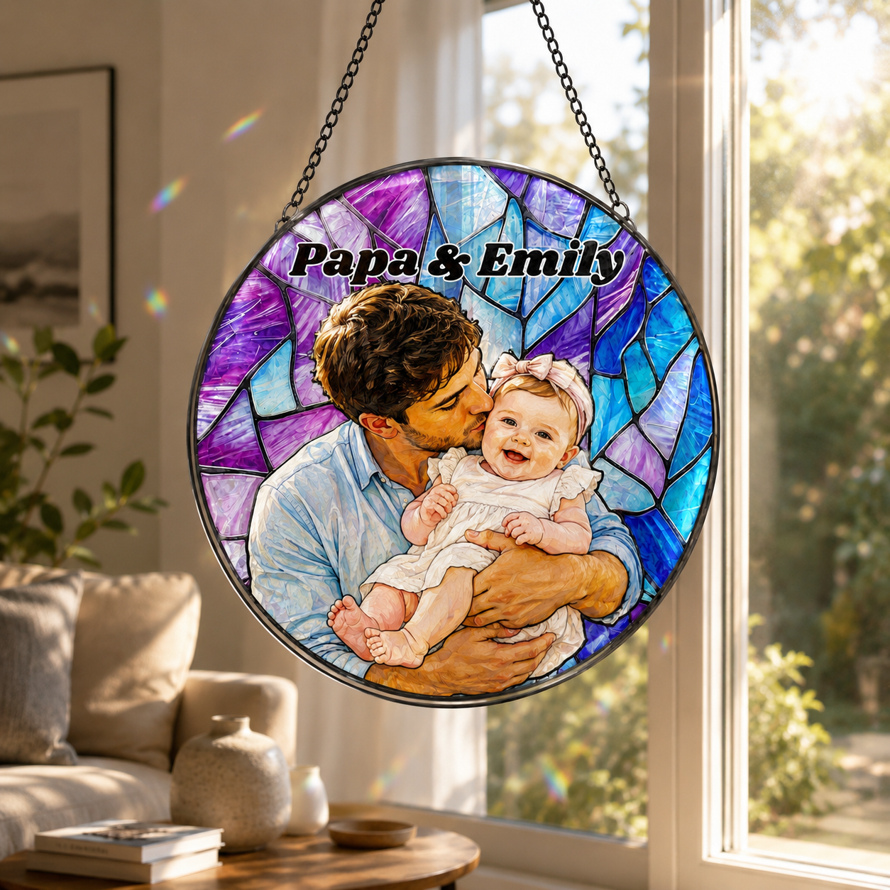 Custom Photo Dad & Baby Stained Glass Suncatcher – Personalized Dad Gifts | Gift For Dad TOM99