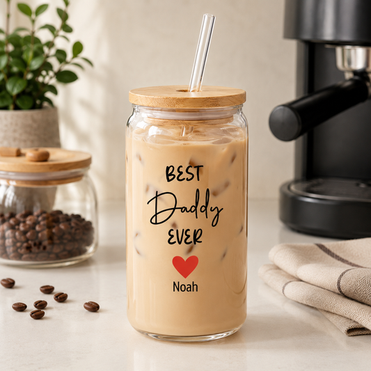 Custom Best Daddy Ever Drink Glass 16oz | Personalized Dad Glass Cup with Bamboo Lid & Straw | Gift For Father TOM99