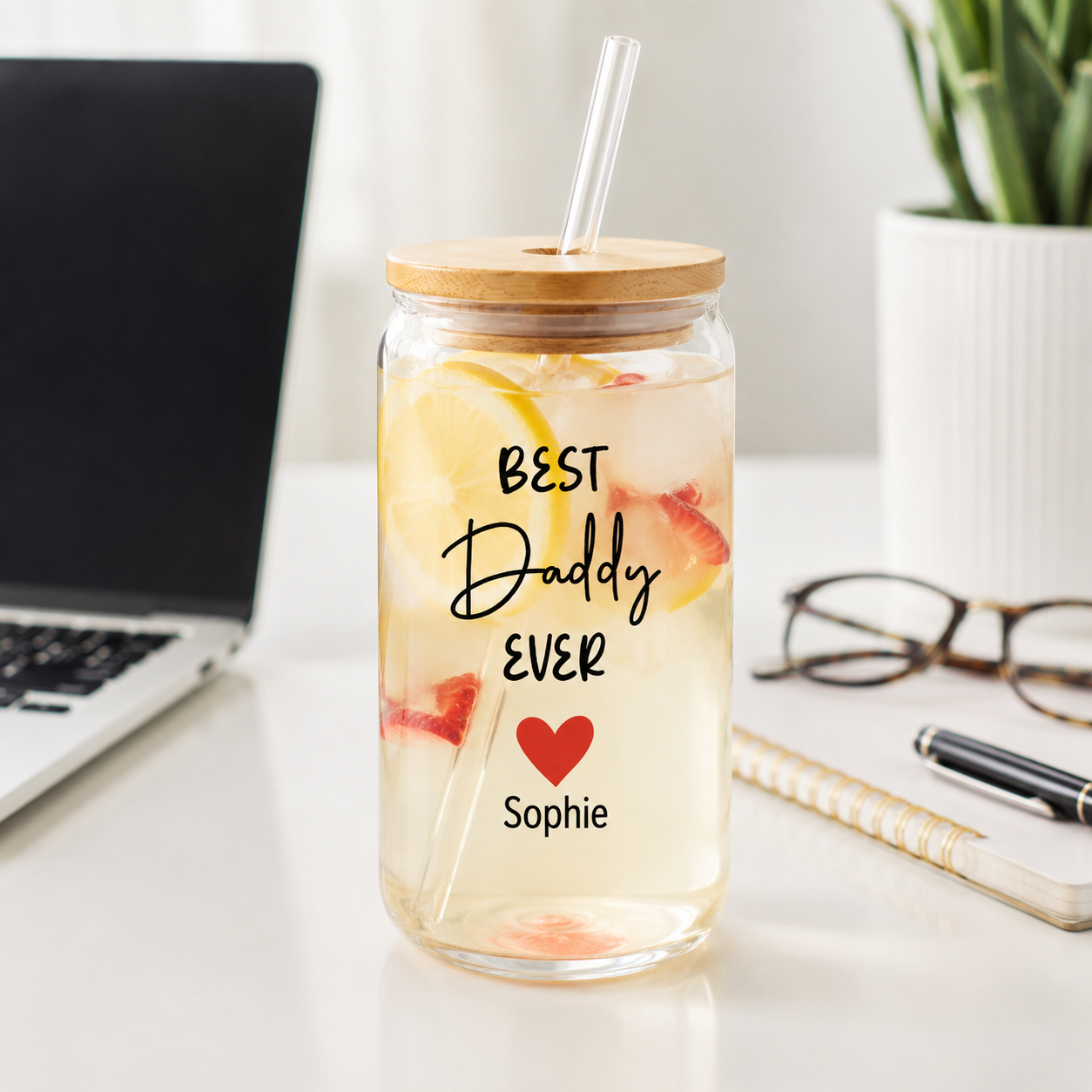 Custom Best Daddy Ever Drink Glass 16oz | Personalized Dad Glass Cup with Bamboo Lid & Straw | Gift For Father TOM99
