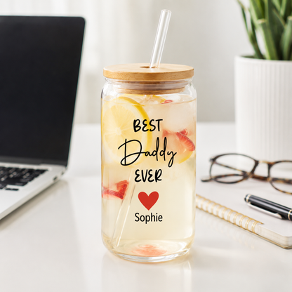 Custom Best Daddy Ever Drink Glass 16oz | Personalized Dad Glass Cup with Bamboo Lid & Straw | Gift For Father TOM99