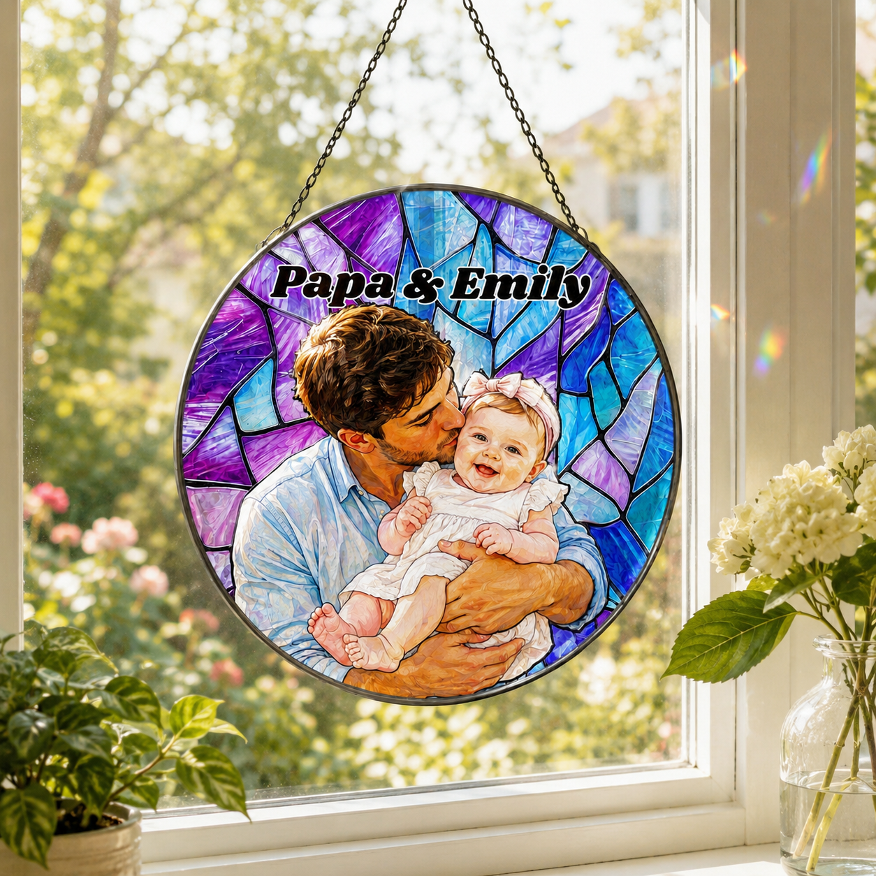 Custom Photo Dad & Baby Stained Glass Suncatcher – Personalized Dad Gifts | Gift For Dad TOM99