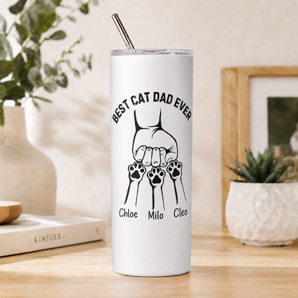 Personalized Best Cat Dad Ever 20oz Skinny Tumbler – Custom Cat Photo Skinny Tumbler for Mens and Cat Owners TOM99