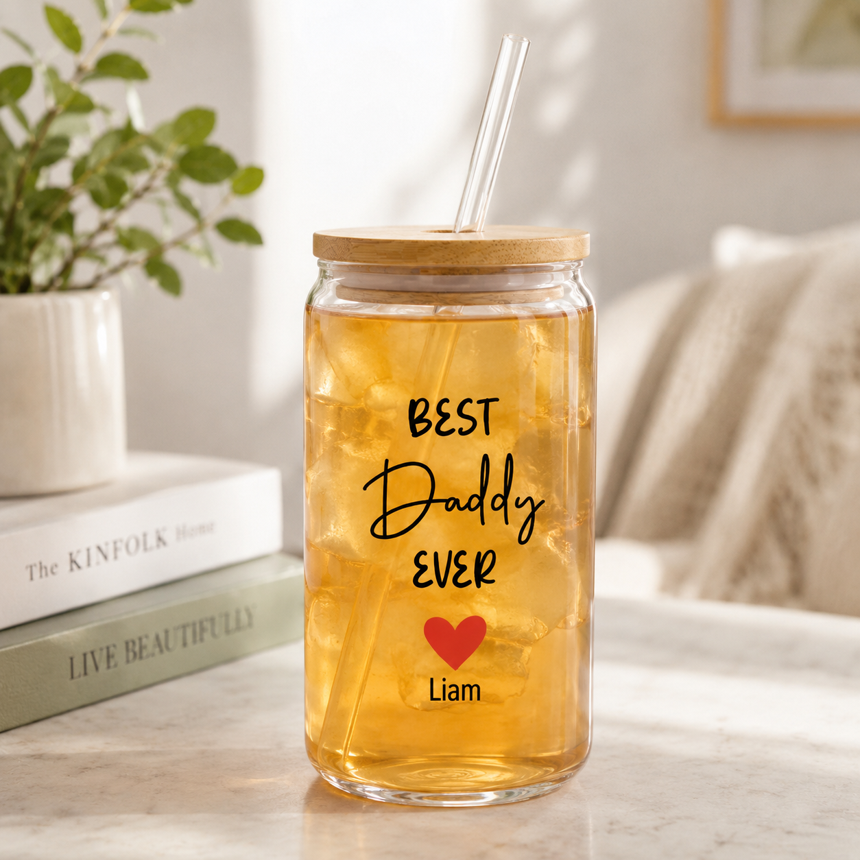 Custom Best Daddy Ever Drink Glass 16oz | Personalized Dad Glass Cup with Bamboo Lid & Straw | Gift For Father TOM99