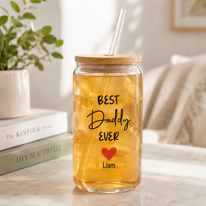 Custom Best Daddy Ever Drink Glass 16oz | Personalized Dad Glass Cup with Bamboo Lid & Straw | Gift For Father TOM99