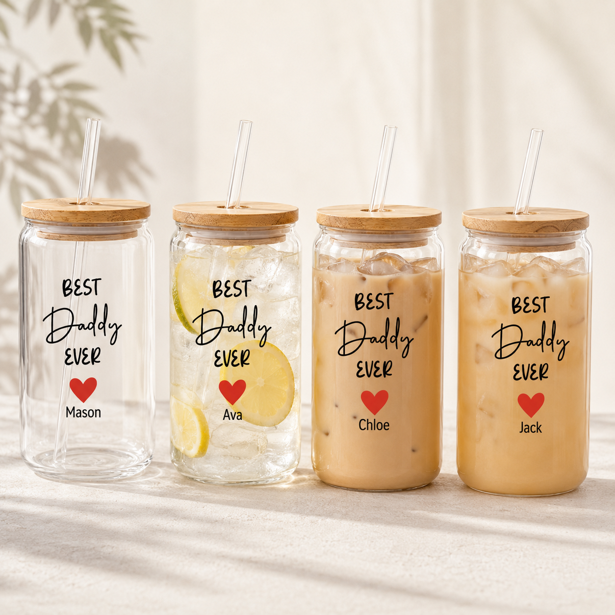 Custom Best Daddy Ever Drink Glass 16oz | Personalized Dad Glass Cup with Bamboo Lid & Straw | Gift For Father TOM99