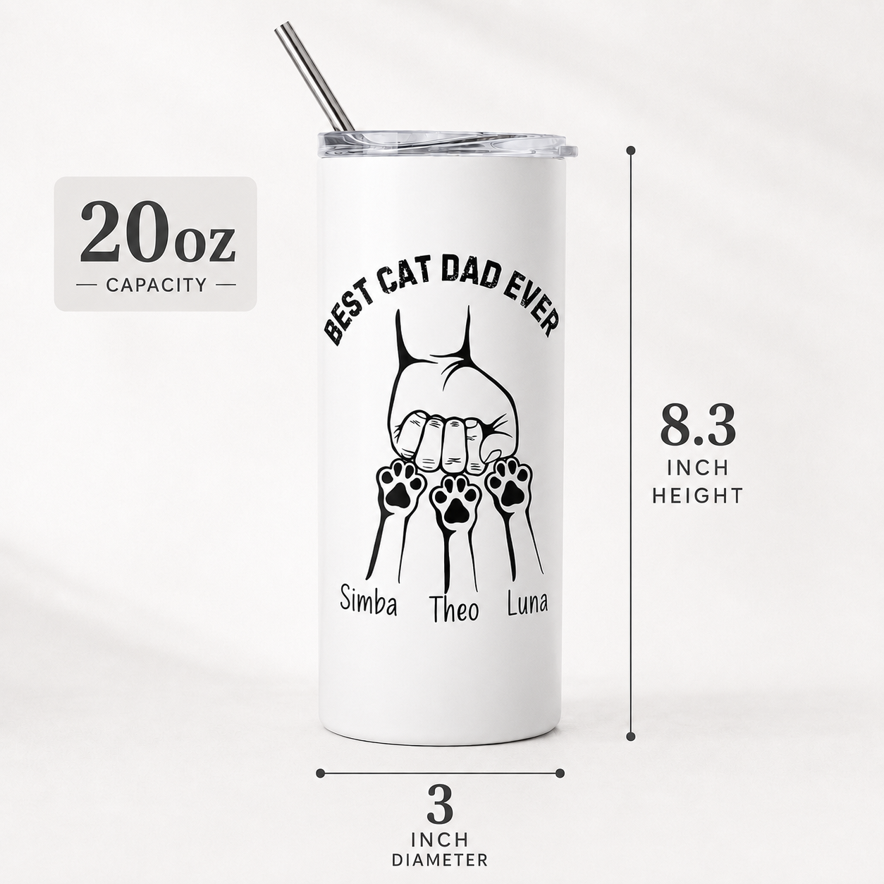 Personalized Best Cat Dad Ever 20oz Skinny Tumbler – Custom Cat Photo Skinny Tumbler for Mens and Cat Owners TOM99