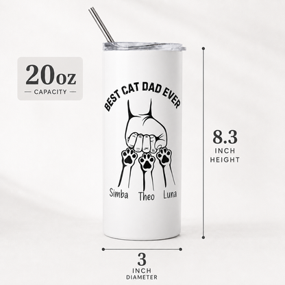 Personalized Best Cat Dad Ever 20oz Skinny Tumbler – Custom Cat Photo Skinny Tumbler for Mens and Cat Owners TOM99