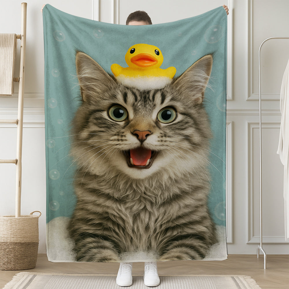 Custom Photo Cat In Bathtub With Duck Toy Blanket