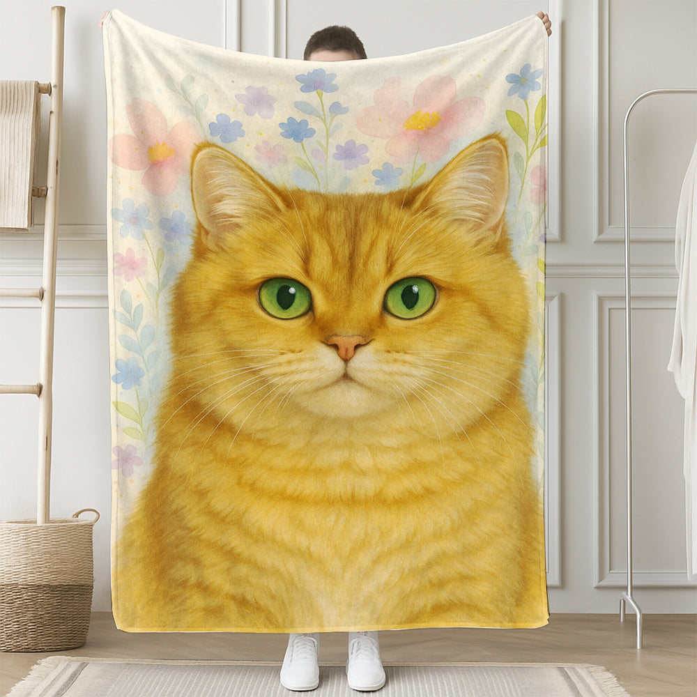 Custom Photo Cat Floral Watercolor Art Blanket