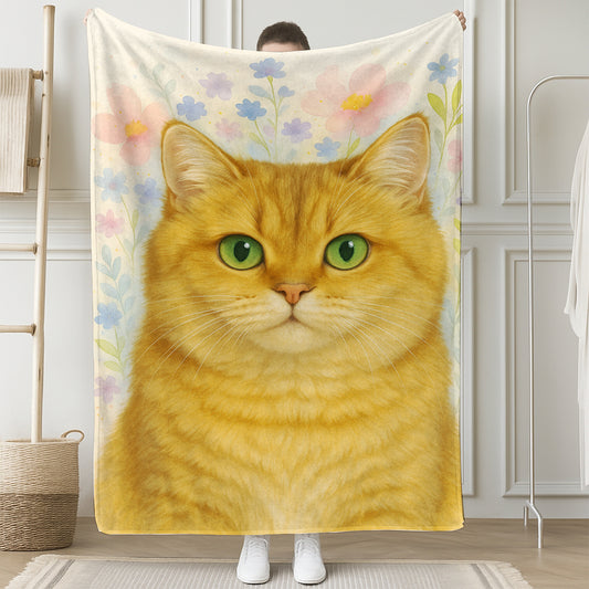 Custom Photo Cat Floral Watercolor Art Blanket