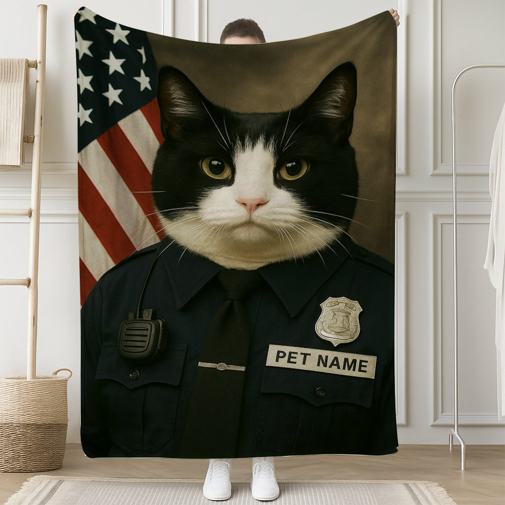 Custom Cat Photo Policeman Blanket _ Gift For Cat Lovers