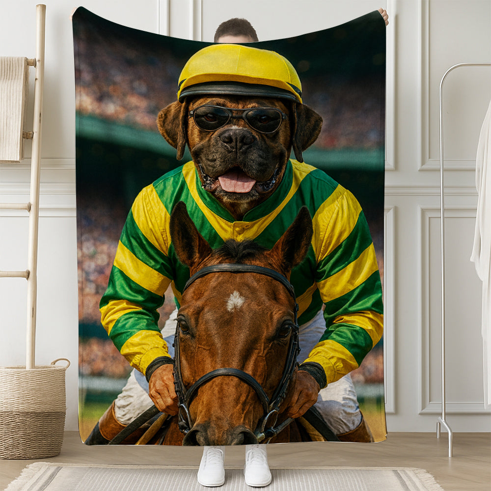 Custom Photo Jockey Horse Racing Dog BlanketGift For Dog Lovers