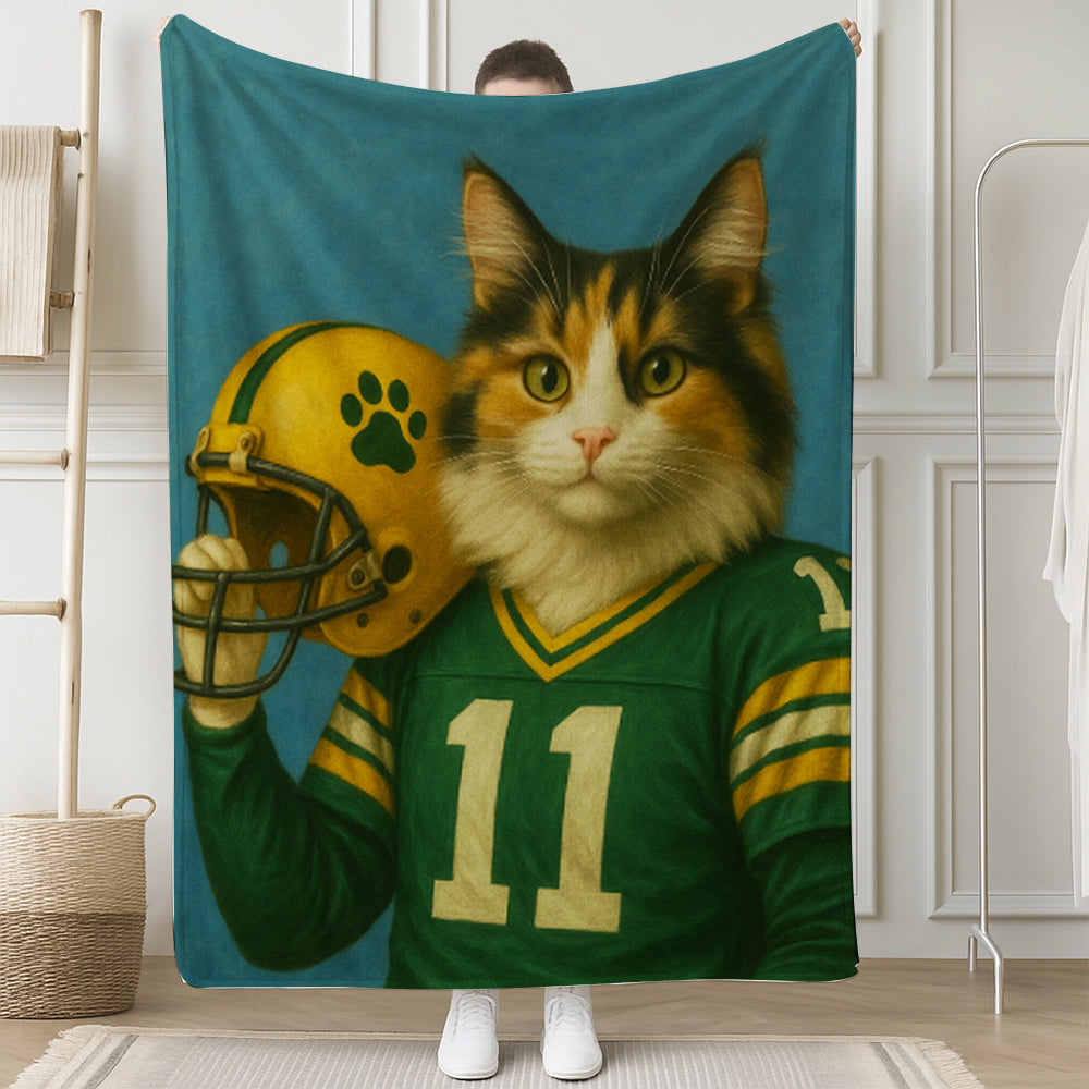 Custom Cat Photo Football Player Blanket