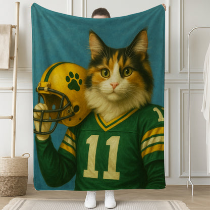 Custom Cat Photo Football Player Blanket