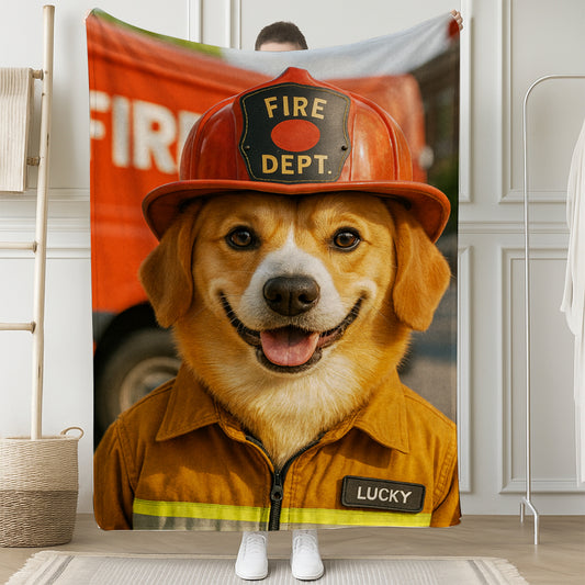Custom Photo Fire Fighter Dog BlanketGift For Dog Lovers
