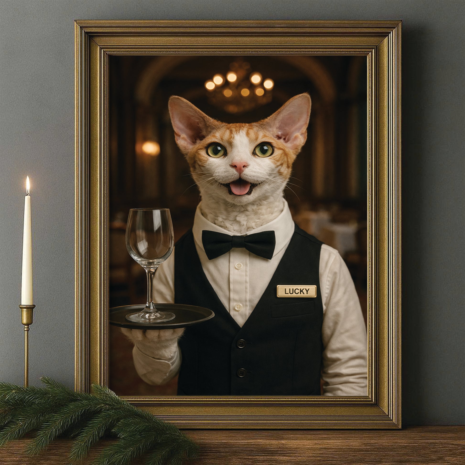 Custom Photo Cat Waiter Restaurant Canvas Framed Wall Art  Gift For Cat Lovers