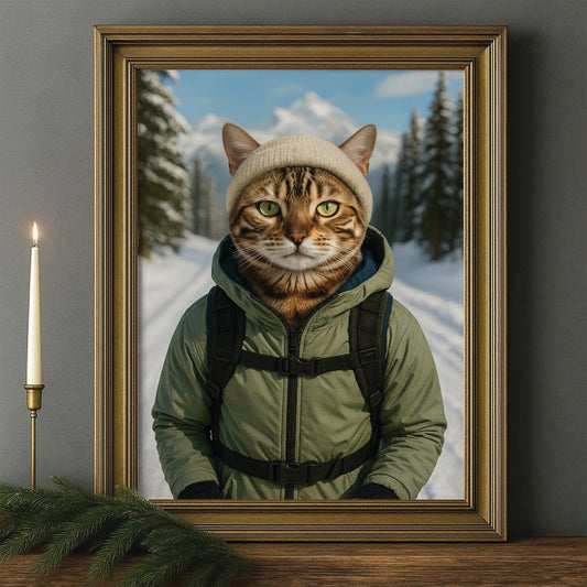 Custom Photo Winter Hiker Cat Canvas Framed Wall Art Gift For Cat Lovers