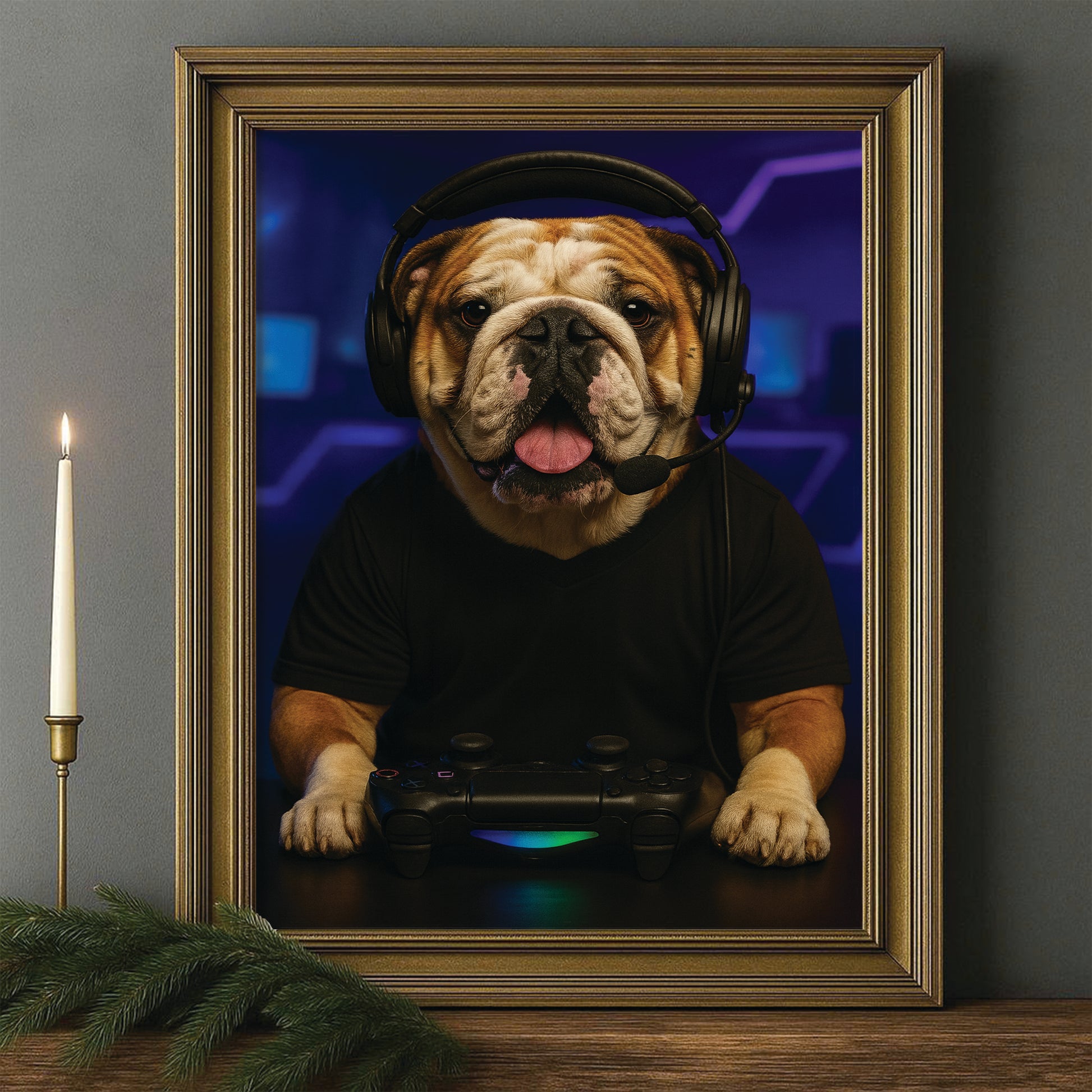 Custom Photo Gamer Dog Canvas Framed Wall Art Gift For Dog Lovers