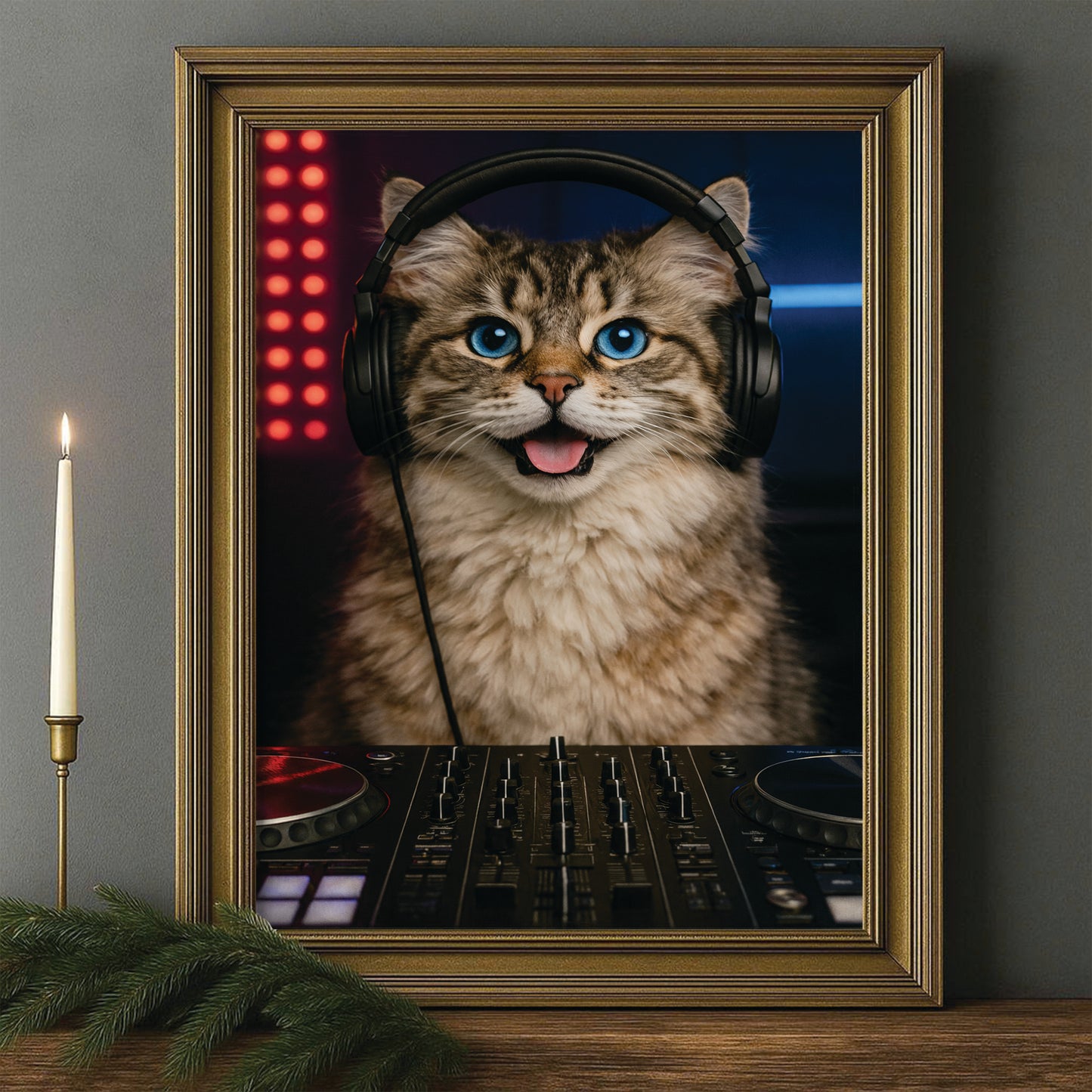 Custom Photo Dj Cat Canvas Framed Wall Art  Gift For Cat Lovers