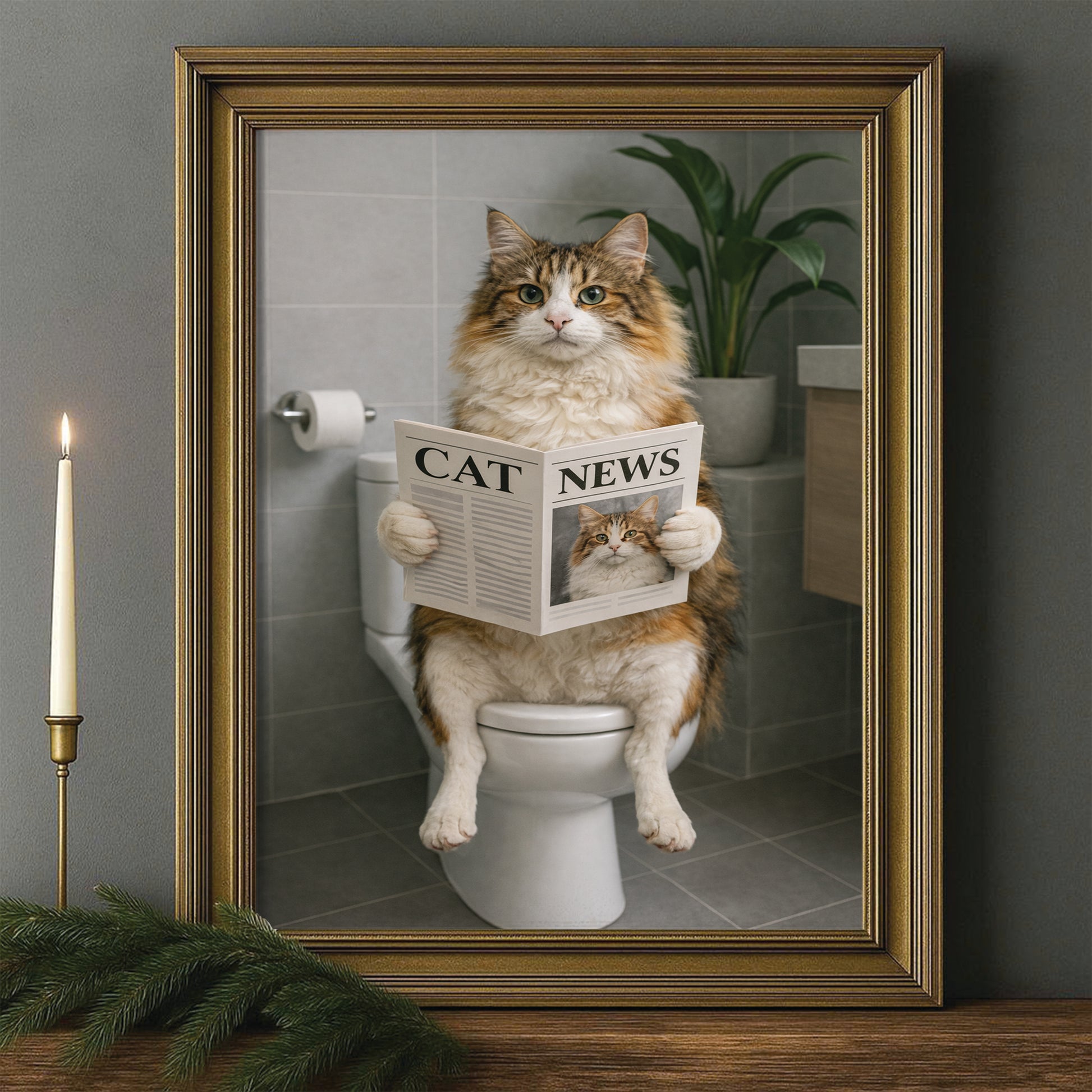 Custom Photo Cat Bathroom Style 4 Canvas Framed Wall Art Gift For Cat Lovers