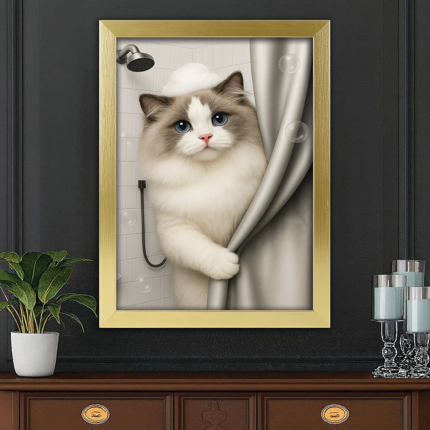 Custom Cat Photo Cat  In Bathroom Canvas Framed Wall Art Gift For Cat Lovers