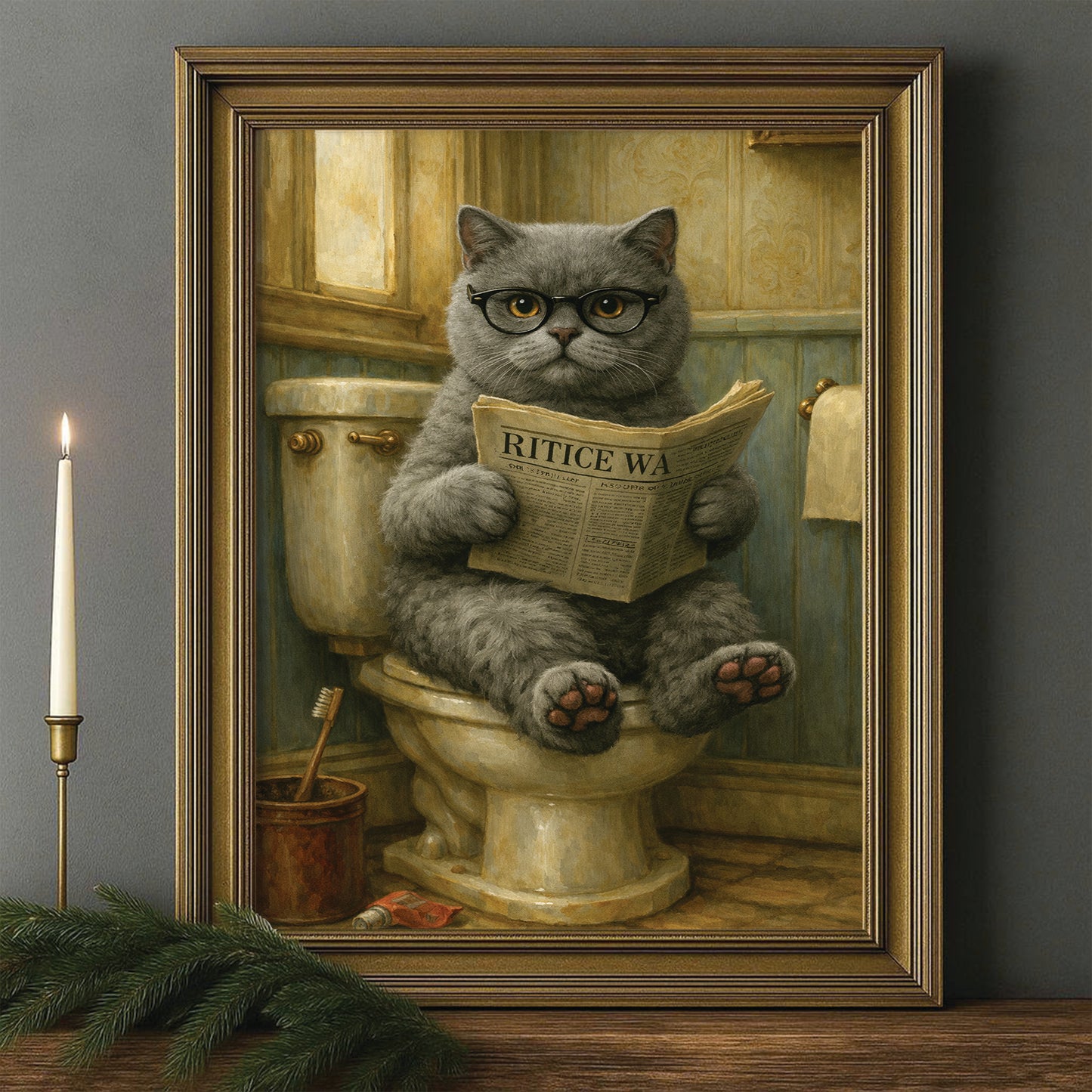 Custom Photo Cat In Bathroom Canvas Framed Wall Art Gift For Cat Lovers