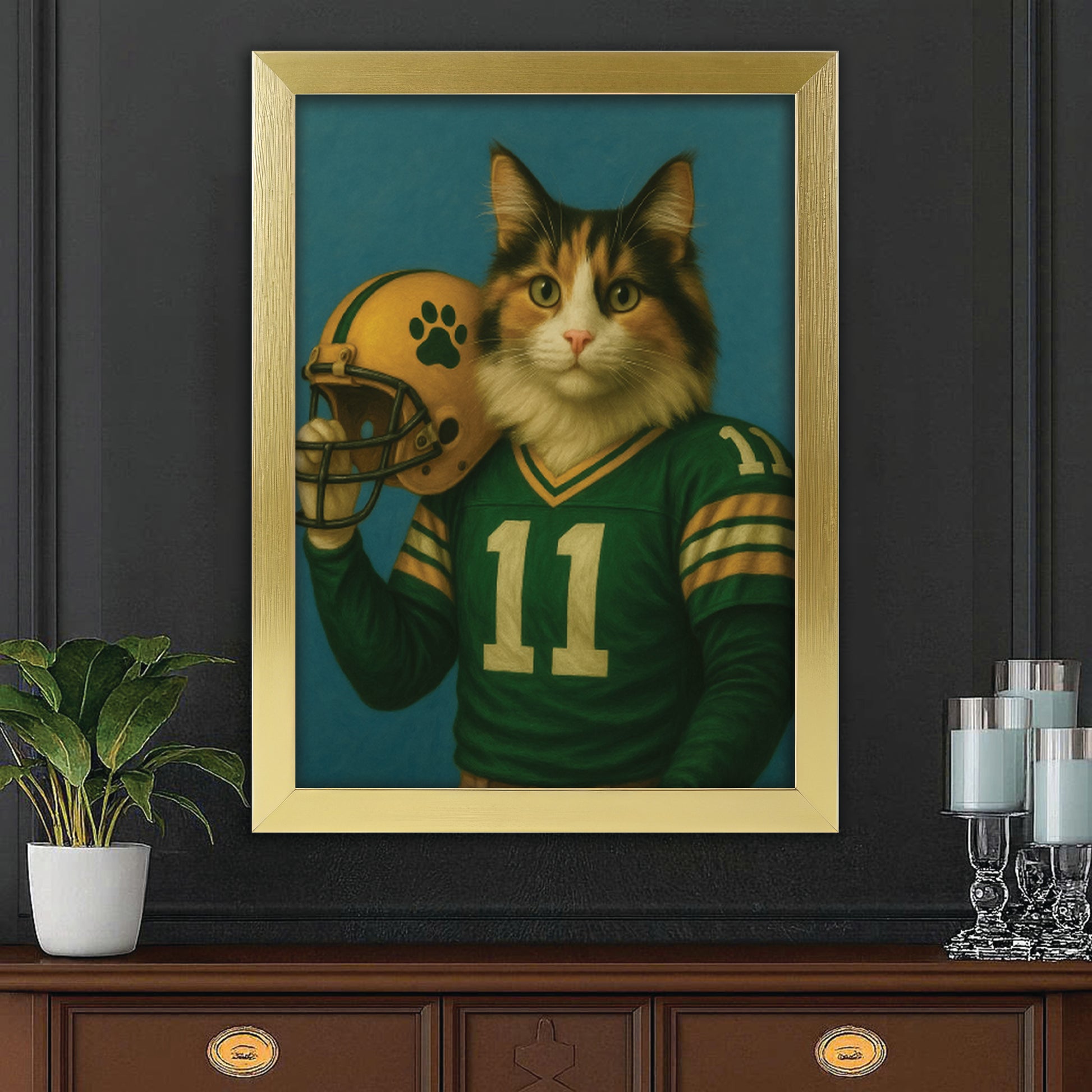 Custom Cat Photo Football Player Canvas Framed Wall Art