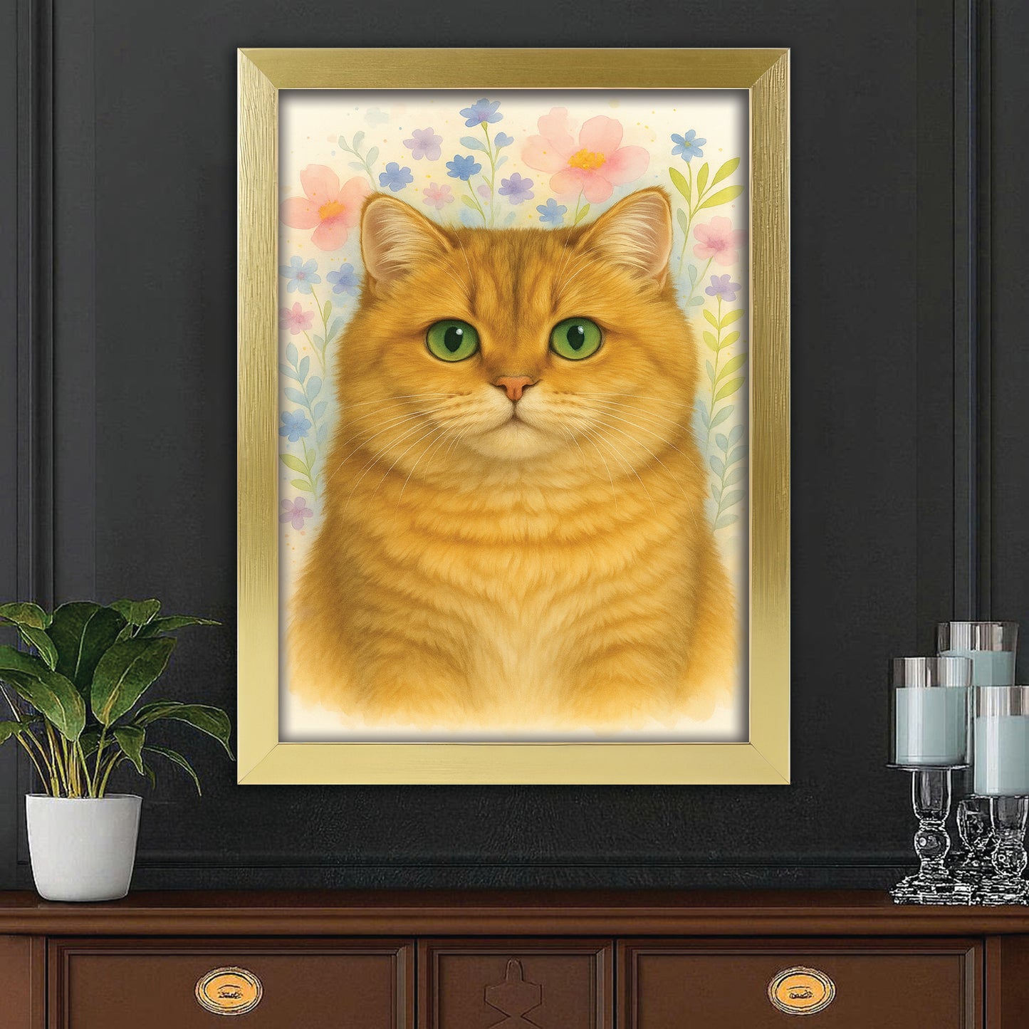 Custom Photo Cat Floral Watercolor Art Canvas Framed Wall Art