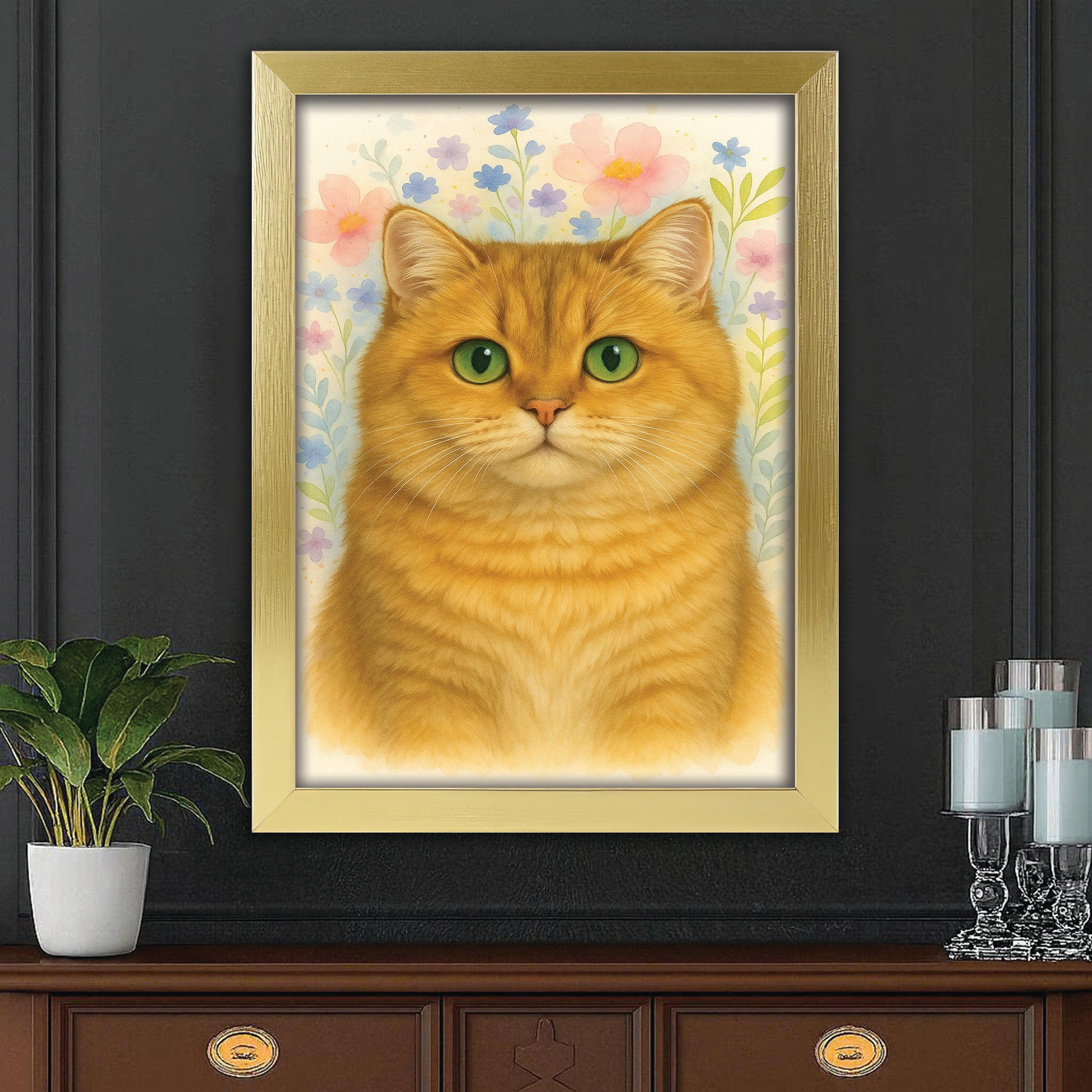 Custom Photo Cat Floral Watercolor Art Canvas Framed Wall Art