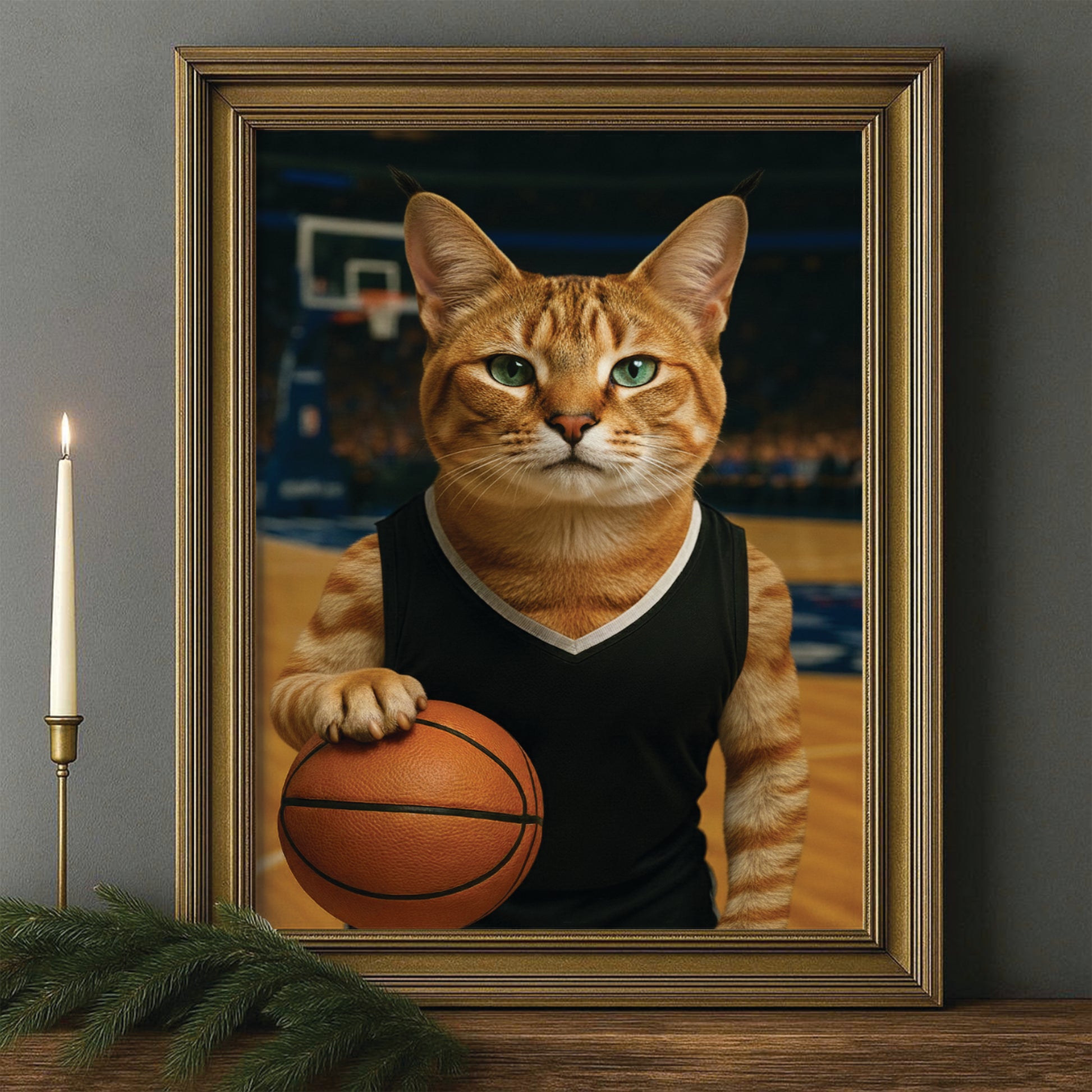 Custom Photo Basketball Player Cat Canvas Framed Wall Art Gift For Cat Lovers