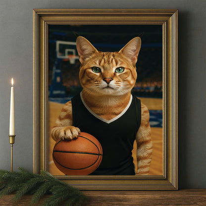 Custom Photo Basketball Player Cat Canvas Framed Wall Art Gift For Cat Lovers