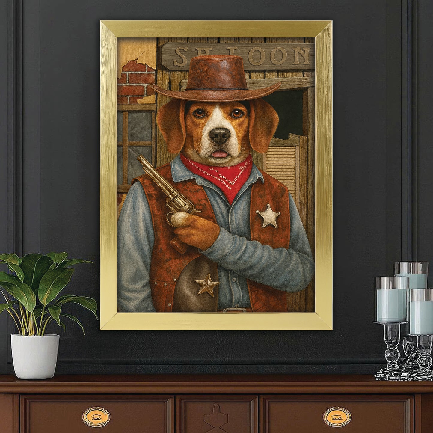 Custom Photo Dog Cowboy Canvas Framed Wall Art