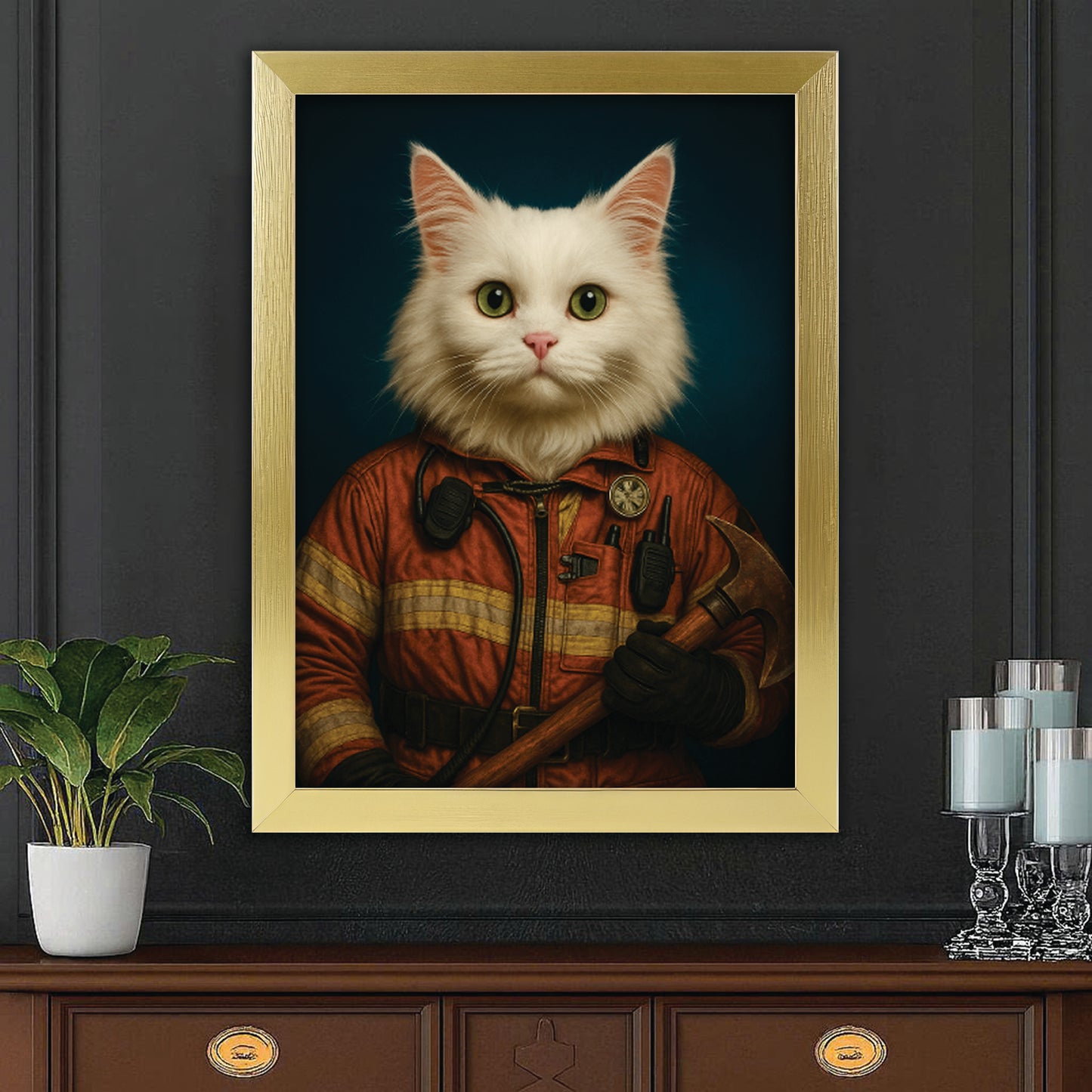 Custom Cat Photo Firefighter Canvas Framed Wall Art _ Gift For Cat Lovers