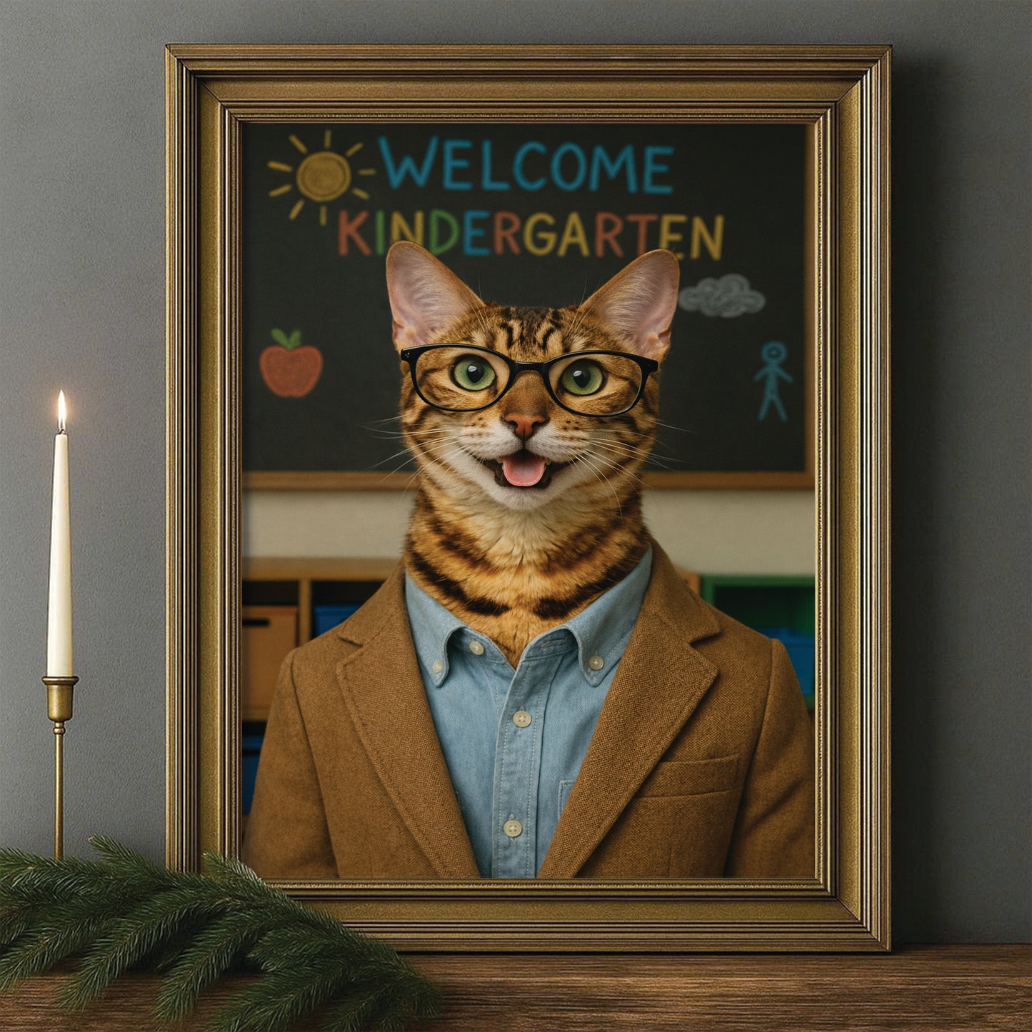 Custom Photo Kindergarten Teacher Canvas Framed Wall Art  Gift For Cat Lovers