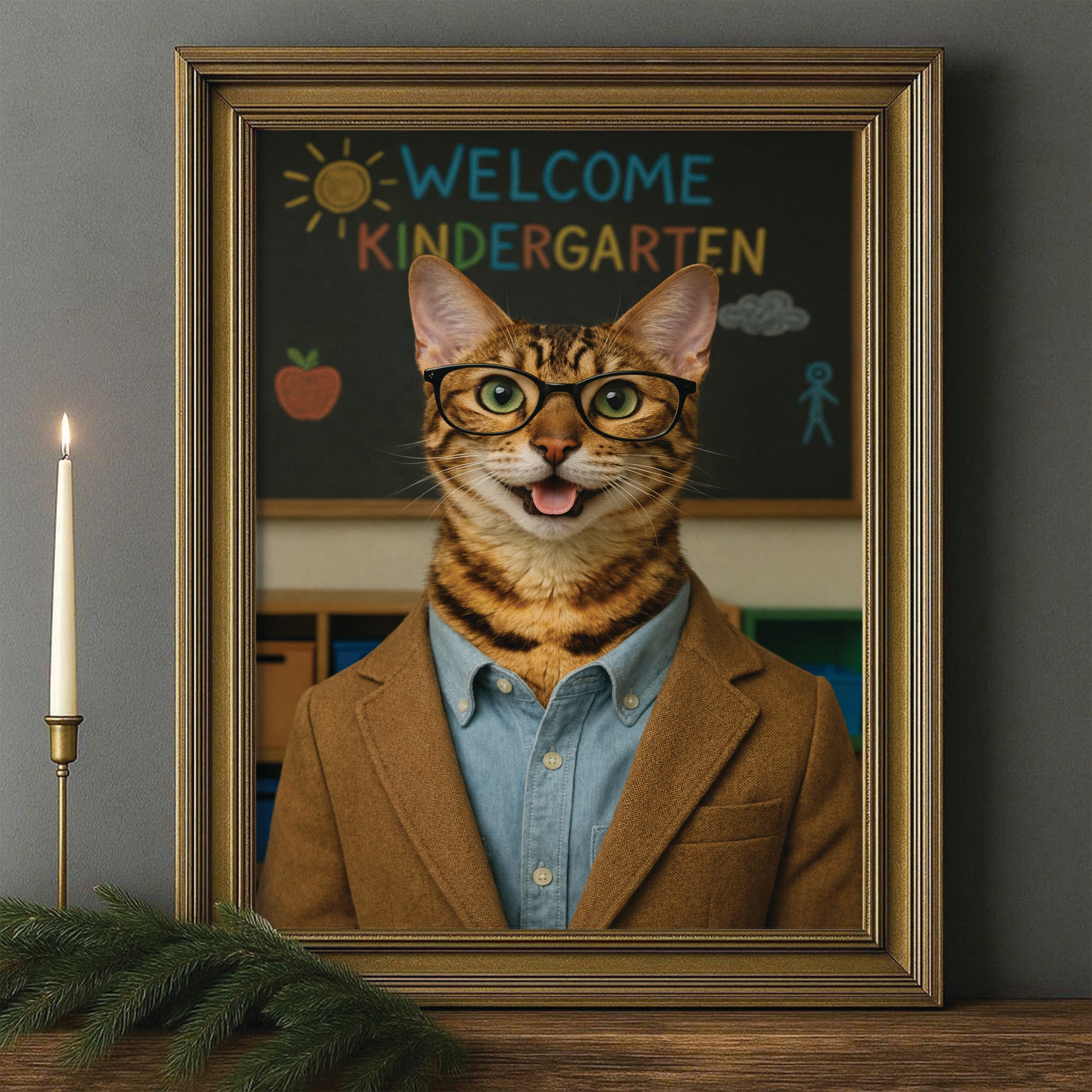 Custom Photo Kindergarten Teacher Canvas Framed Wall Art  Gift For Cat Lovers
