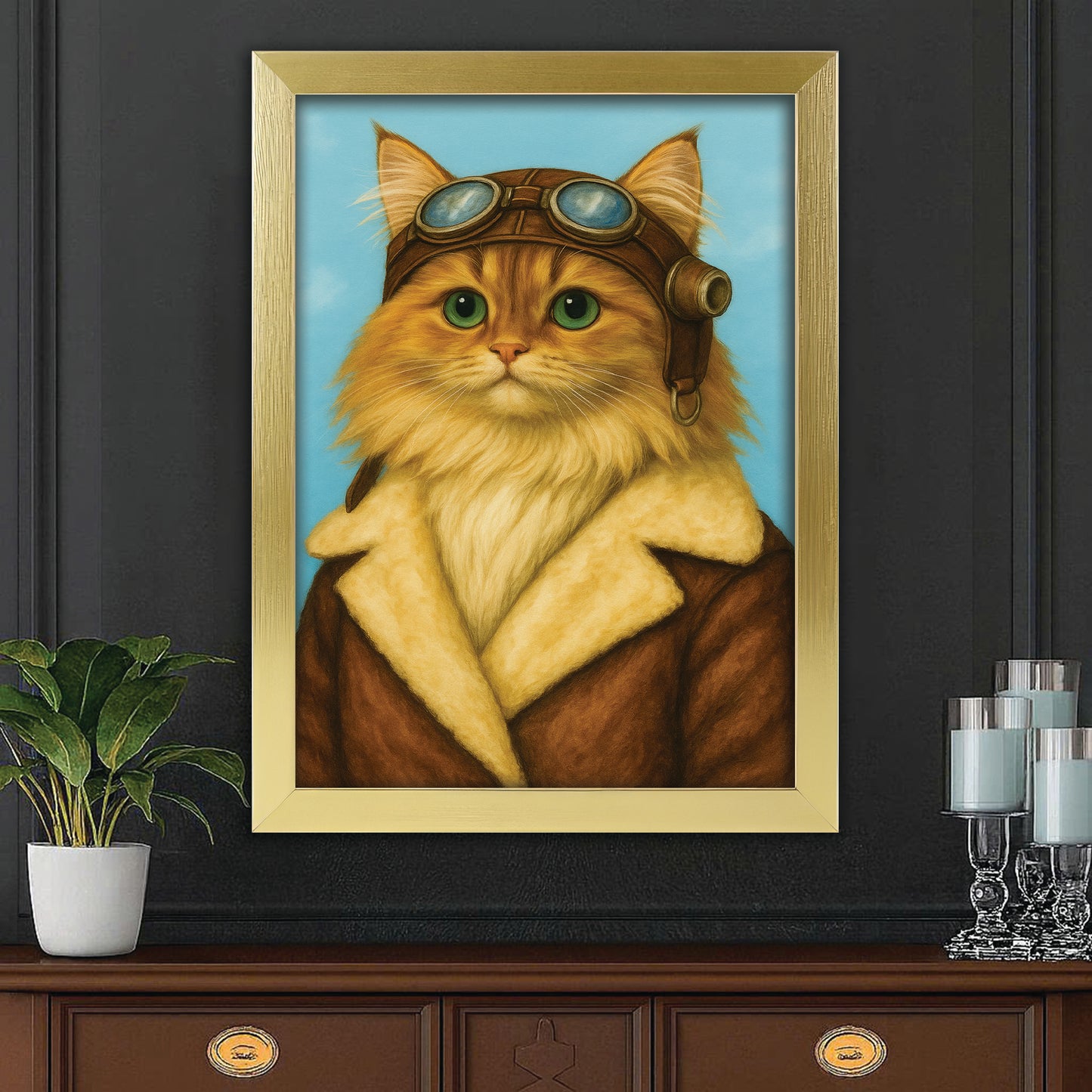 Custom Photo Portrait Pilot Canvas Framed Wall Art Gift For Cat Lovers