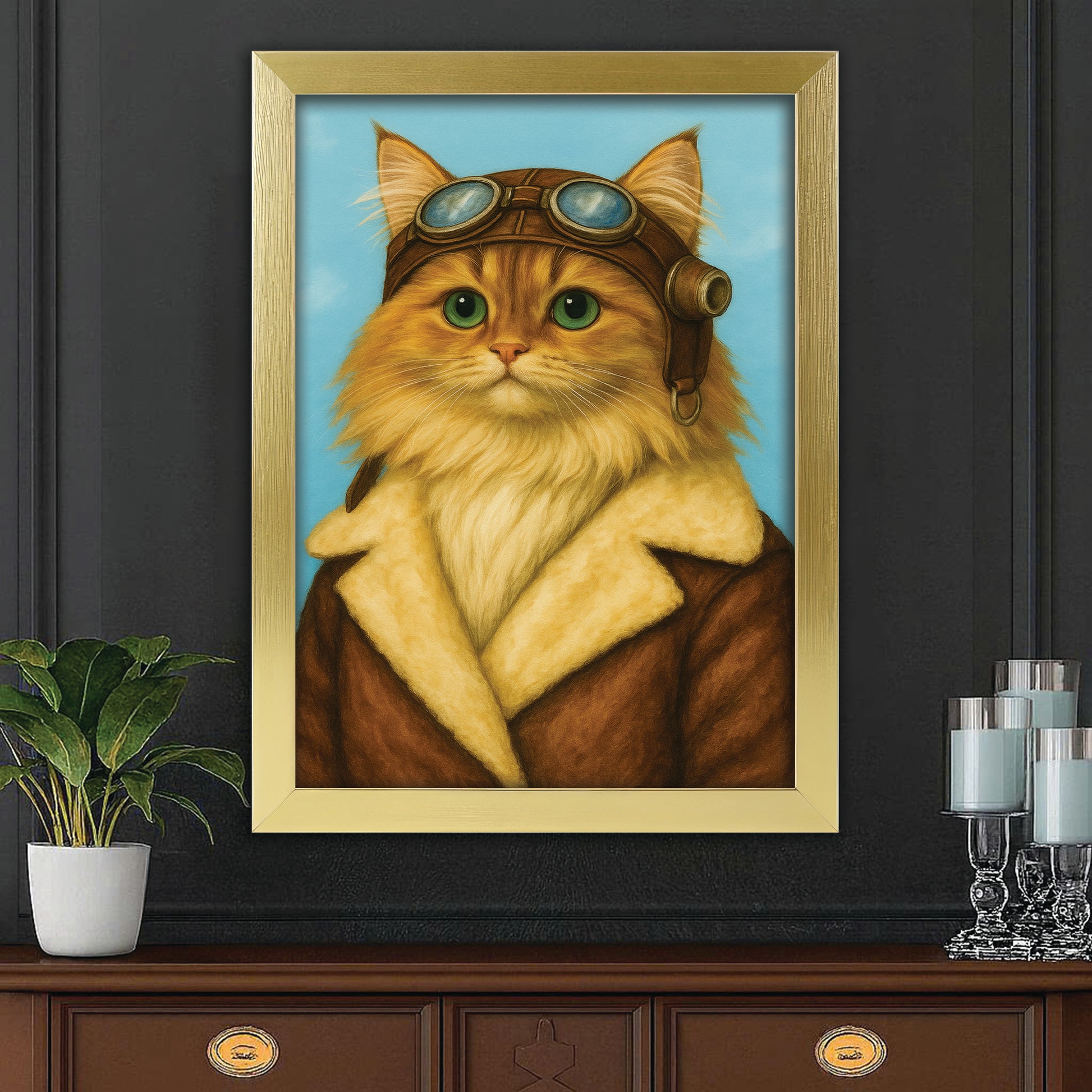 Custom Photo Portrait Pilot Canvas Framed Wall Art Gift For Cat Lovers