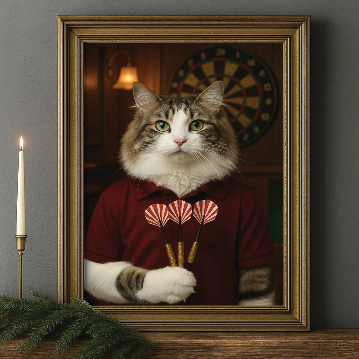 Custom Photo Dart Player Cat Canvas Framed Wall Art  Gift For Cat Lovers